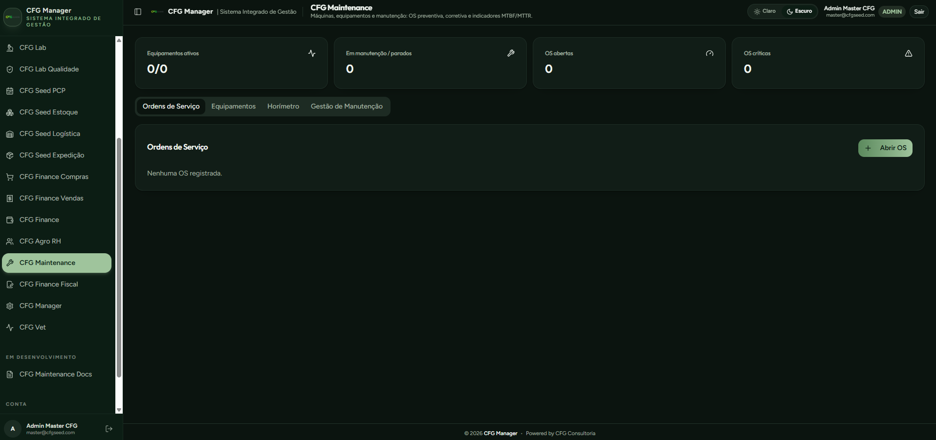 Dashboard do módulo CFG Maintenance